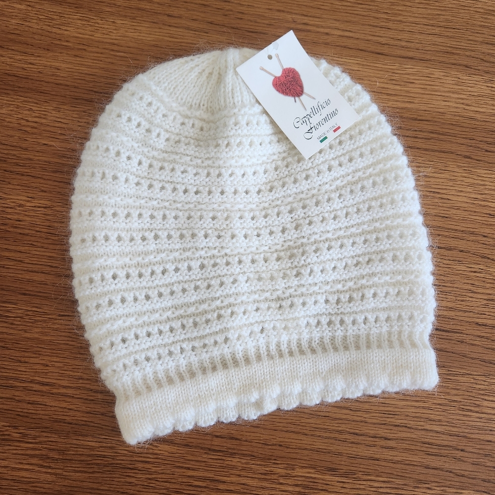 NWT Cappellificio Fiorentino Knit Beanie in Cream Wool Mohair Acrylic Bl…